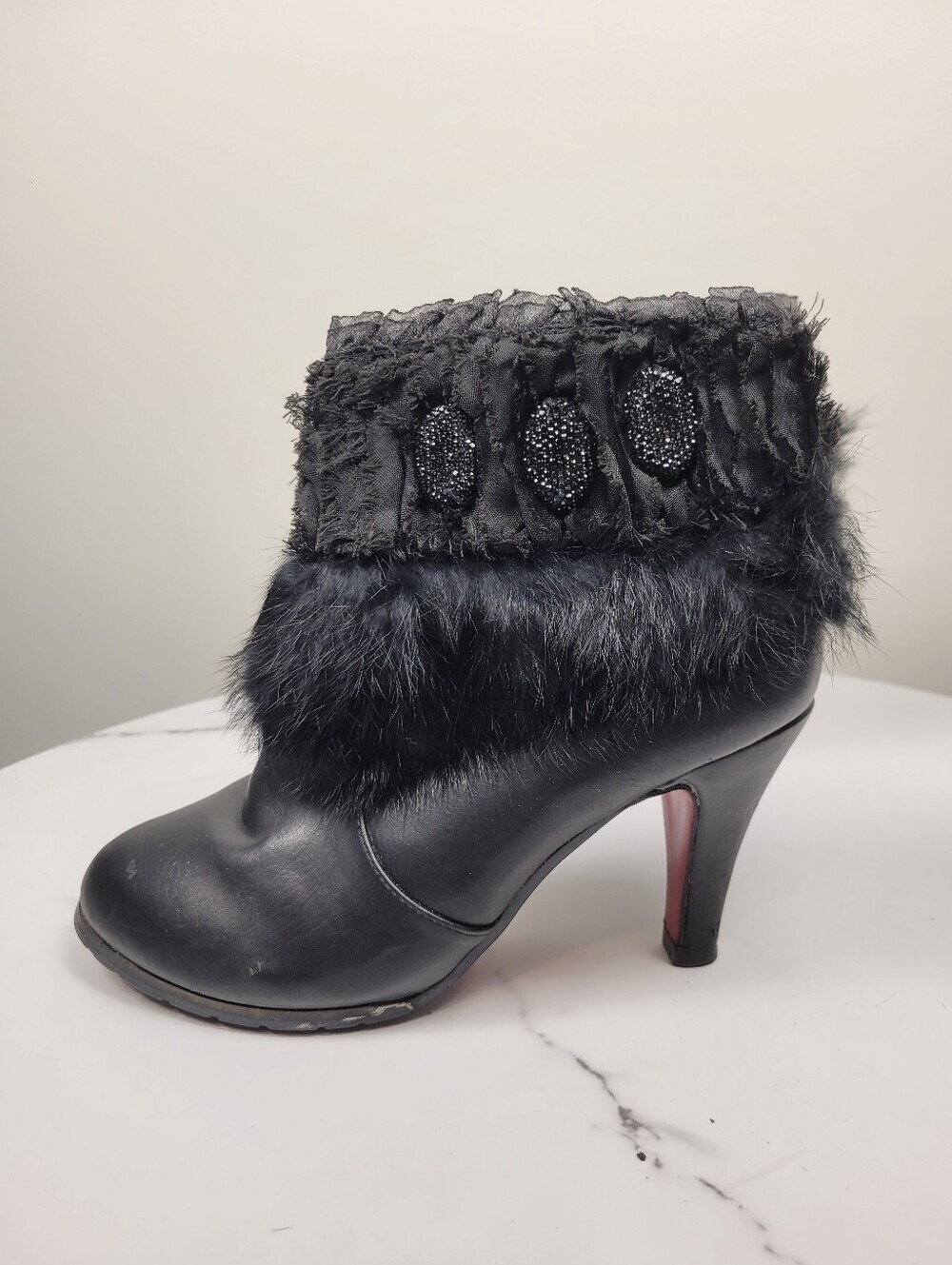 Y2K Black Furry Lace Ankle Heels Boots Shoes Size: 7.5US